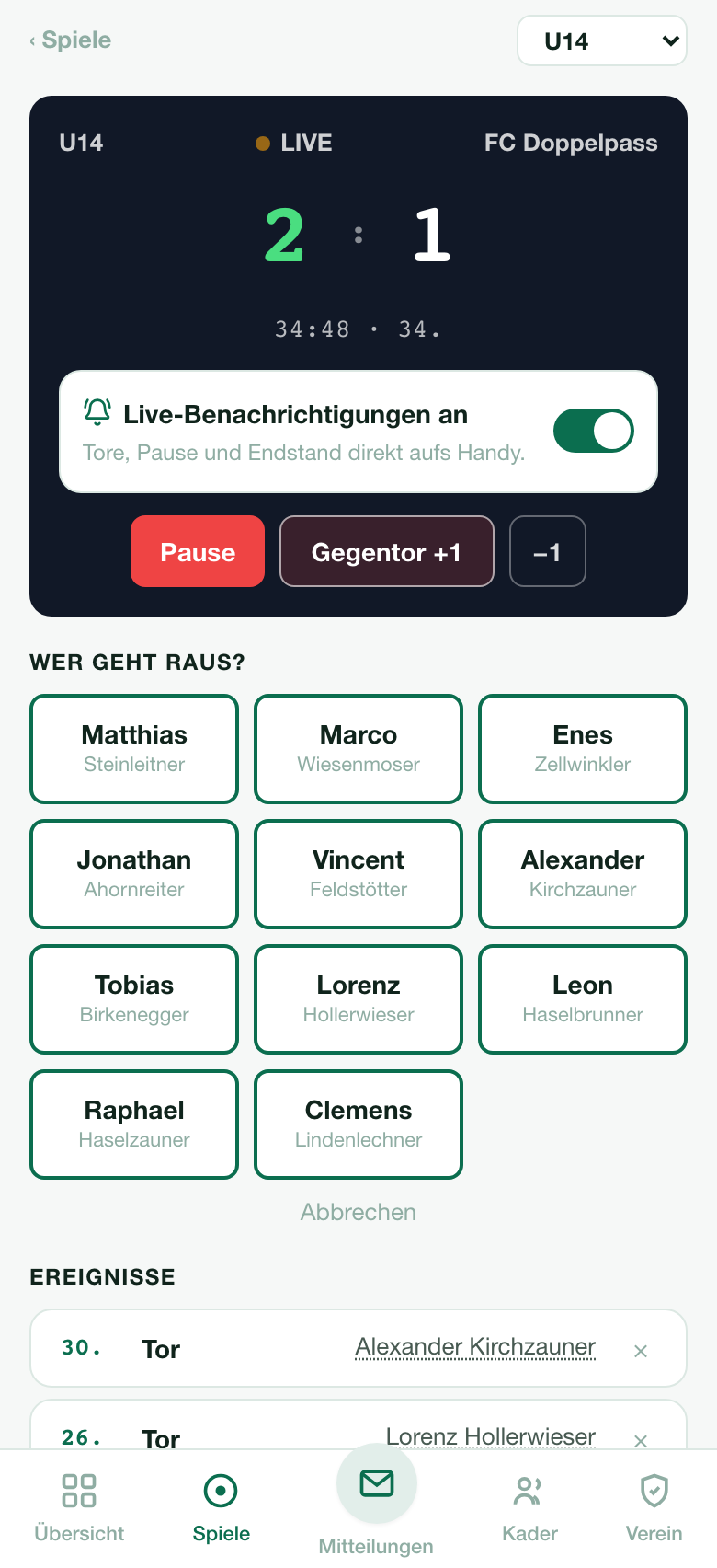 Erfassung am Spielfeldrand — laufende Uhr, Wechsel