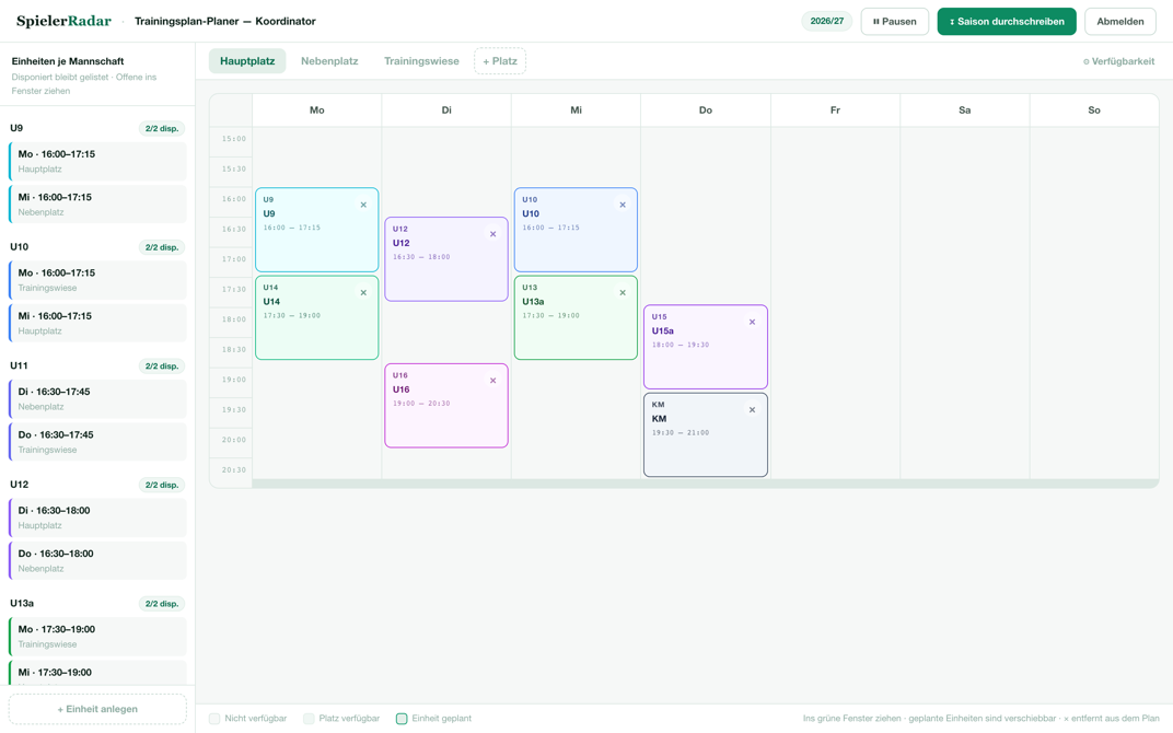 Trainingsplan — Platzvergabe für alle Mannschaften